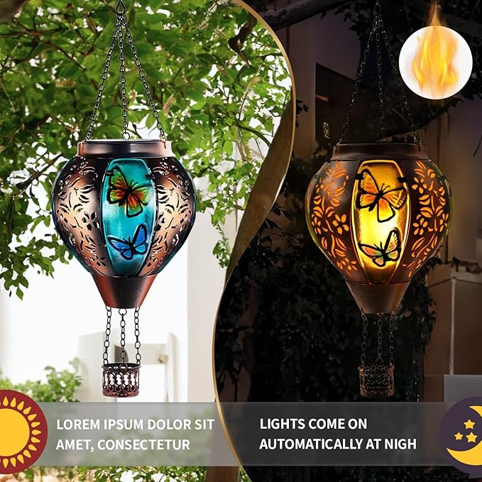 Hot Air Balloon Solar Lantern Outdoor - Flame Hanging Solar Light Waterproof Lanterns for Patio Garden Yard Farmhouse Decor, Great Gift(Butterfly)