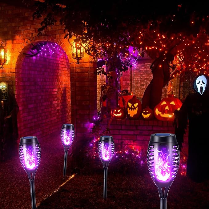 Toodour Solar Torch Flame Lights, 12 Pack Outdoor Flickering Flame Waterproof Pathway Lights Landscape Decoration for Garden, Lawn, Yard - Purple