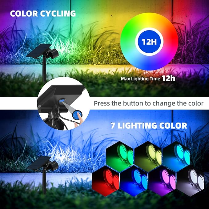 Barrina Solar Spotlights Outdoor Waterproof, 360° Horizontal Adjustable Solar Outdoor Spot Light, 24 LEDs Color Changing, Auto On/Off Solar Lights for Outside Yard Pathway Landscape Lighting, 4 Pack