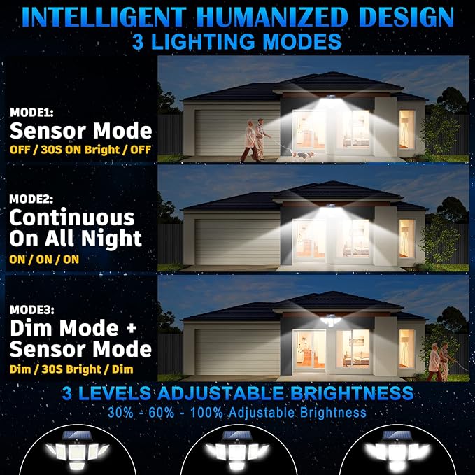 Solar Motion Sensor Flood Lights Outdoor - 496LEDs 3500LM 3 Lighting Modes 3 Levels Brightness, 6 Heads 360° Illumination, IP65 Solar Security Lights,for Porch Yard Patio Garage(2 Packs)