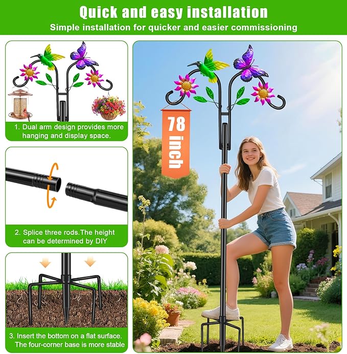 Double Shepherds Hooks for Outdoor, Artistic Hummingbird & Flower Design, 5 - Prong Base, Ideal for Bird Feeders, Baskets & Lanterns (1 Pack)