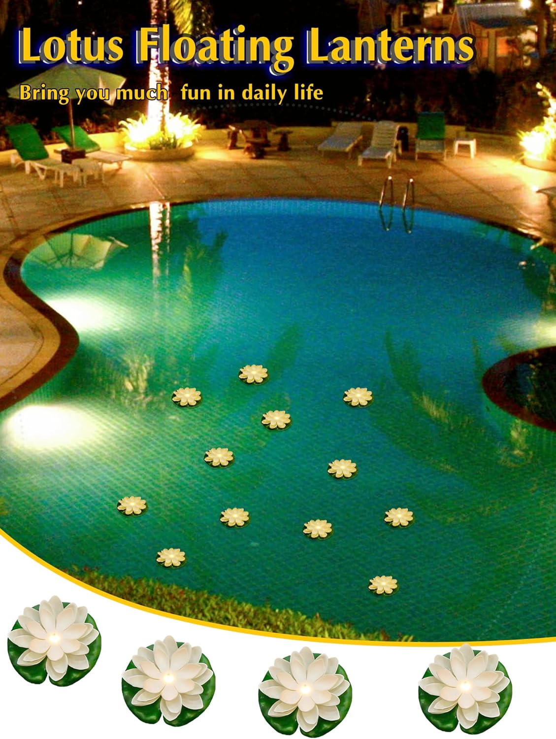 Hortsun 12 Pcs Floating Lotus Lights with Batteries Lily Pads Pool Flowers Diwali Pooja Decorations Floating Candles Decor for Pool Pond Outdoor Indoor(3.94 Inch,White)