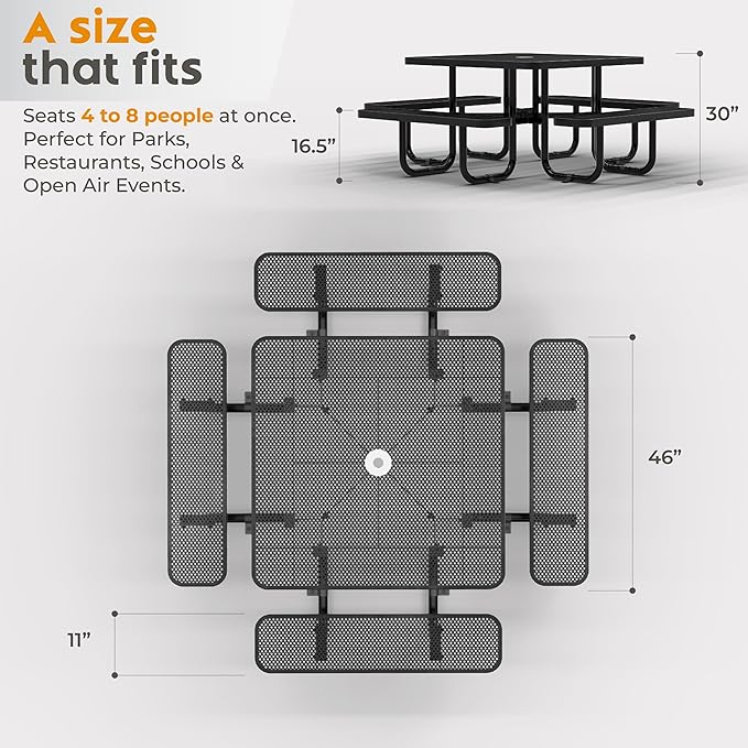Metal Picnic Tables for Outdoors with Umbrella Hole - Coated Steel Heavy Duty Commercial Grade Table with Adjustable Seats (Black, 46 in, Square, Punched Steel)