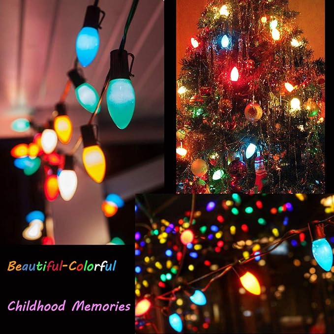 25Ft Multicolor Christmas Lights C7 Vintage Christmas String Lights with 27 Multicolor Ceramic Bulbs (2 Spare), Hanging Outdoor String Lights for Christmas Holiday Wedding Party Garden Decor- Green