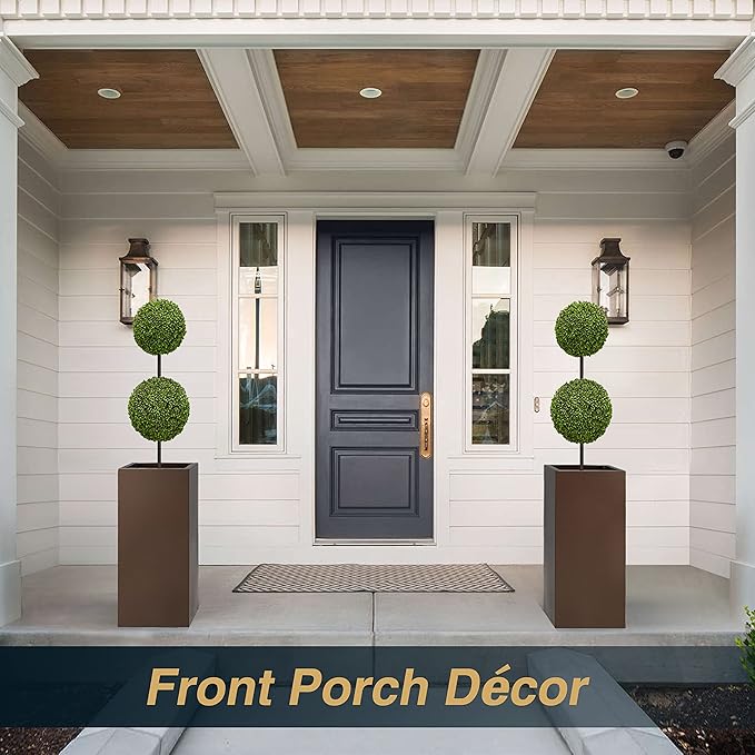 Large Planter for Outdoor Plant 14Lx14Wx30H Inches Metallic Heavy Tall Planter Box for Outdoor & Indoor, Rectangular Flowerpot 25Lbs/PC, Espresso, No Assembly and Seamless, Set of 2