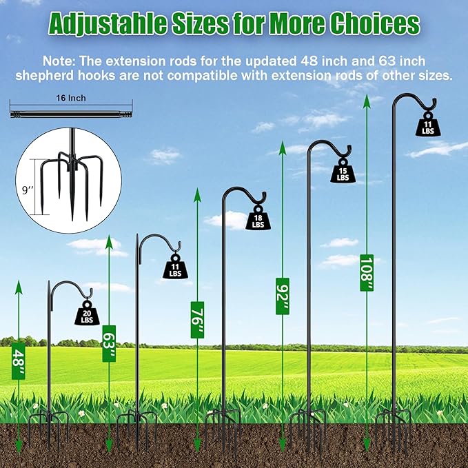 FEED GARDEN Adjustable Shepherd Hook Bird Feeder Pole with 7 Prongs Base, 108 Inch Tall 5/8 Inch Thick, Heavy Duty Outdoor Garden Poles for Hanging Bird Feeders, Plant Baskets, Black (2 Pack)