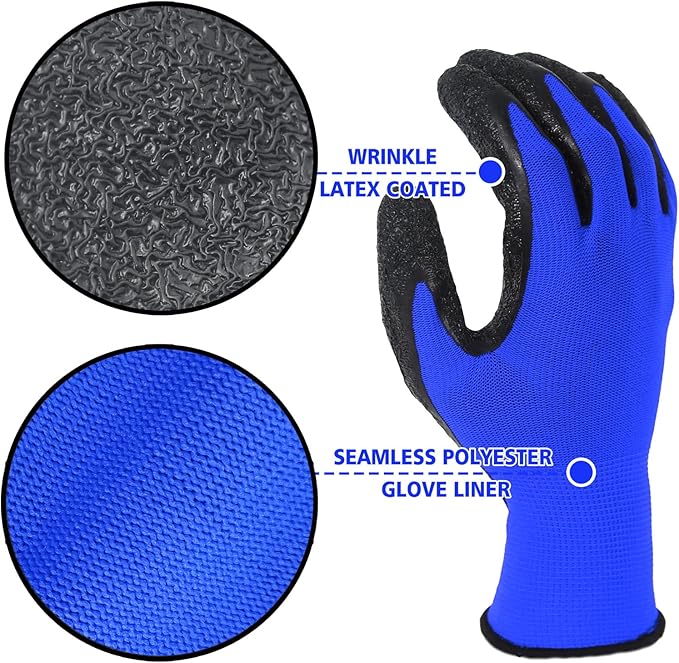 Evridwear Crinkle Latex Rubber Hand Coated Safety Work Gloves for Men Women General Multi Use Construction Warehouse Gardening Assembly Landscaping (X-Large,Blue- 12Pair)