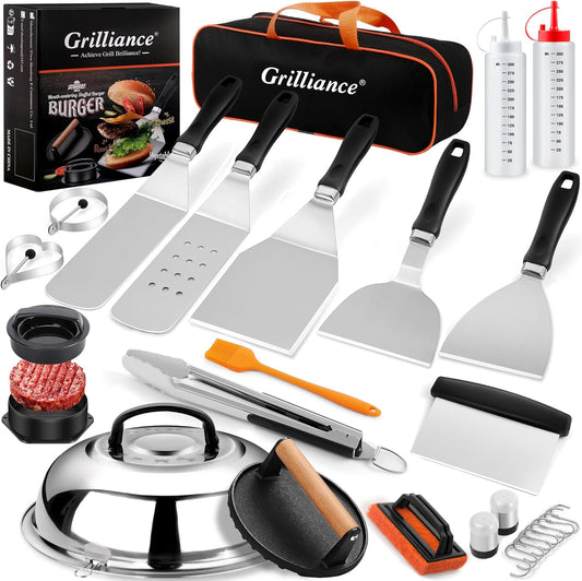 27pcs Griddle Accessories Kit for Blackstone, Professional Hibachi Flat Top Grill Tools, Enlarged Spatula Gift Set with Basting Cover，Burger Press Patty Maker for Outdoor BBQ Teppanyaki