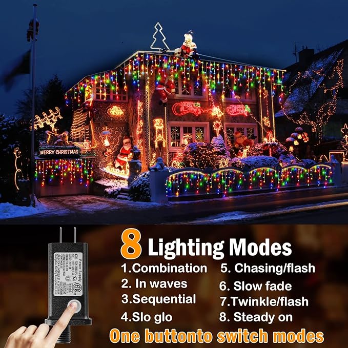 Hezbjiti Christmas Lights Decorations Outdoor, 800 LED 65.6 FT 8 Modes 150 Drops Fairy String Curtain Lights for Christmas Decor Eaves Window Party Yard Garden Indoor (Multicolor)