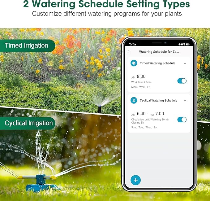 Smart Hose Watering Timer with Wi-Fi Hub, Automate Water & Sprinkler Schedules for Lawn, Garden, & Yard Care, Compatible with Alexa Green-Brass Inlet & Plastics Outlet (2-Outlet)