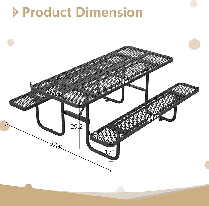 72'' Steel Rectangular Picnic Table for Outdoors, Expanded, Lifetime Picnic Table with Umbrella Hole, Heavy Duty Sturdy Commercial Picnic Tables for Garden Courtyard BBQ, Black