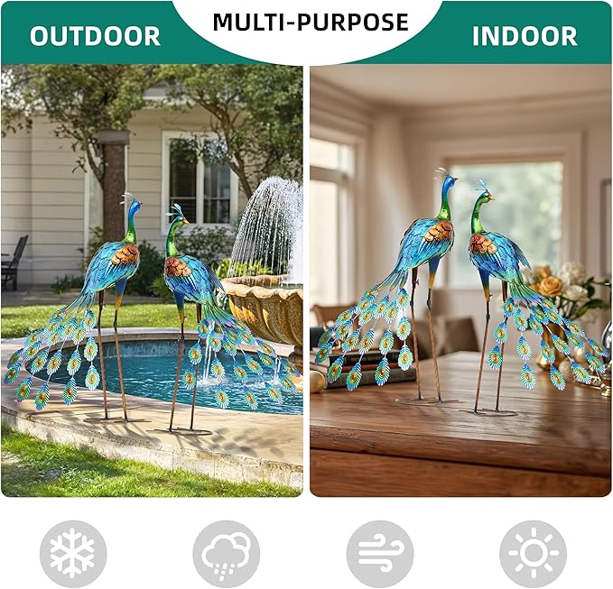 32" Tall Metal Peacock Garden Decor Outdoor Statues, Metal Standing Couple Peacock Decor for Outdoor, Handcrafted Garden Art Sculptures for Patio, Yard, Lawn Home Decoration, Set of 2