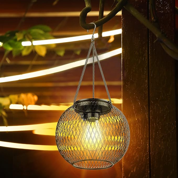 Solar Lantern Outdoor, Upgraded Hanging Lights Outdoor Garden Metal Lanterns Decorative Lighting Powered Waterproof Tree for Yard Patio Pathway, 2 Pack, Black