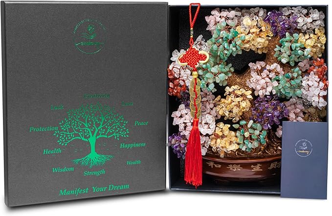 Natural Aventurine (1,251 Gemstone Count) Chakra Crystal Tree with Healing Properties - Home & Office Bonsai Feng Shui Money Tree Decoration for Luck, Success and Intelligence - 14"
