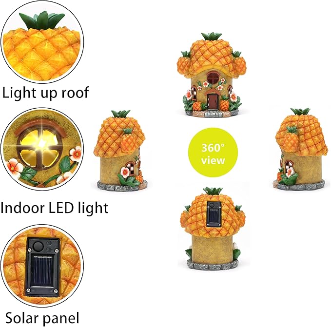 Fairy House Pineapple-Solar Garden Statues-Outdoor Decor - Fairy Garden Accessories for Porch Backyard Yard Lawn Flower Bed Decor