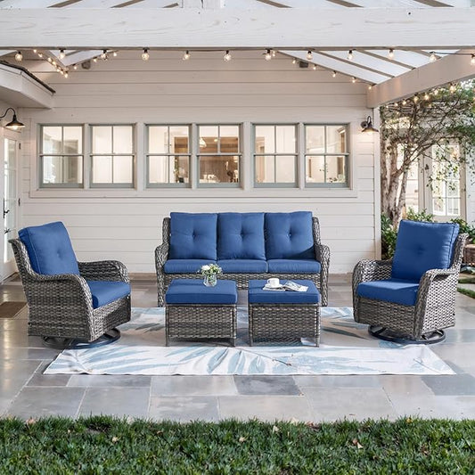 5 Piece Outdoor Patio Furniture Set - Wicker Furniture Patio Conversation Set, Outdoor Swivel Rocker Chairs with 3-Seater Sofa and 2 Ottomans for Small Space, Blue Cushion