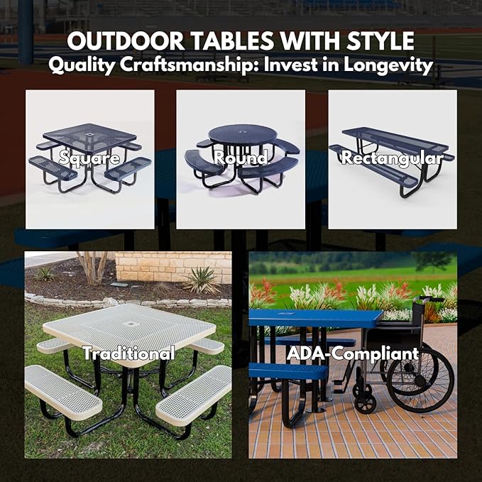 Coated Outdoor Furniture Heavy-Duty Portable Outdoor Picnic Table with Umbrella Hole, Expanded Metal Commercial-Grade Patio Dining Furniture Made in America (46" Round Top, Textured Black)