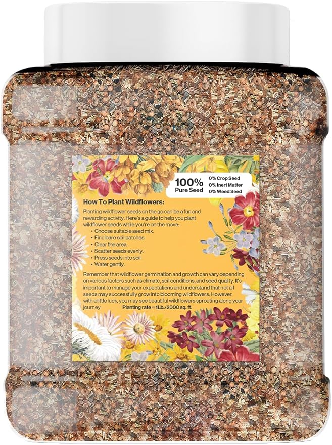 Wildflower Seed Mix 1LB Tub - Save The Bees Seed Mix, by GevaGrow | Bulk 300,000+ Seeds | Pollinator & Bee Attracting Flower Seeds Bulk for Planting in Pots & Outdoor Gardens | 1 Pound Tub