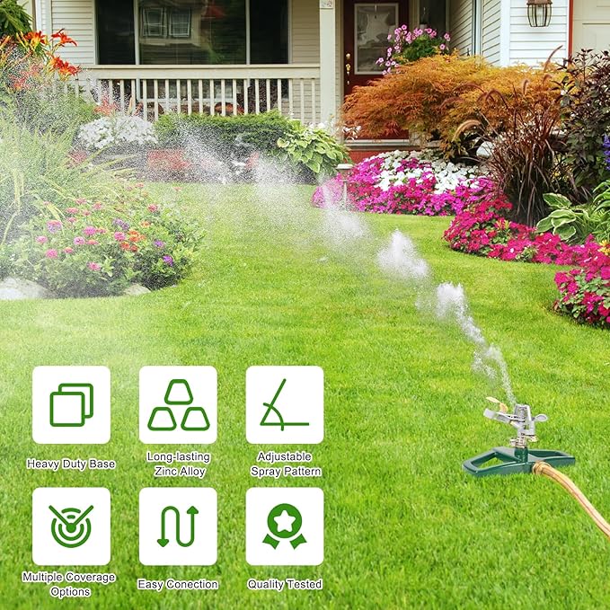WEMADE Heavy Duty Metal Pulsating Sprinklers for Yard - 360 Degree Roating Automatic Water Sprinkler for Lawn with Metal Base, Impact Sprinklers for Large Area Covers Up to 85‘ Diameter