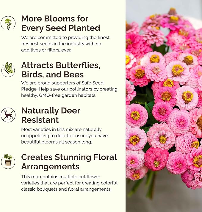 Eden Brothers Pink Perfection Flower Mixed Seeds for Planting, 1/4 lb, 120,000+ Seeds with Zinnia, Cosmos Versailles | Attracts Pollinators, Plant in Spring or Fall, Zones 3, 4, 5, 6, 7, 8, 9, 10