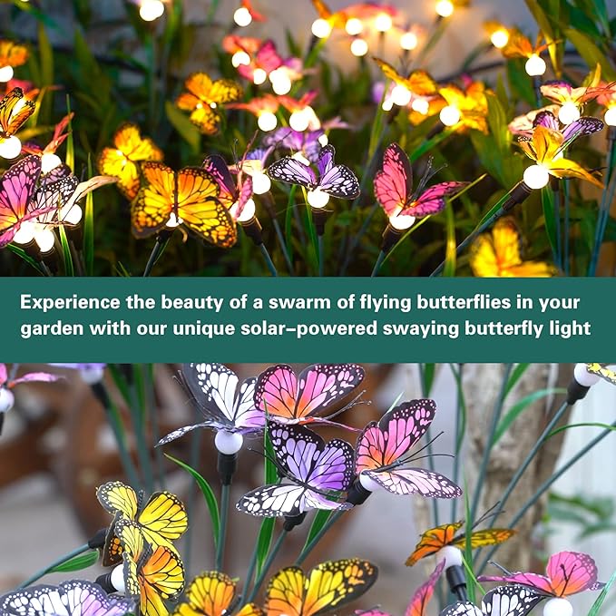 TONULAX Solar Garden Lights - Swaying Butterfly Light, Swaying in The Wind, Solar Outdoor Lights, Yard Patio Pathway Decoration, High Flexibility Iron Wire & Realistic Butterflies (2 Pack)
