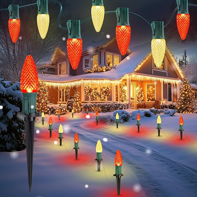 Brightown Strawberry C9 Christmas String Lights Outdoor - 25.7Feet 20 LED Pathway Lights,Connectable C9 Walkway Lights,Waterproof Christmas Lights Outdoor Decoration for Lawn Outside, Red & Warm White