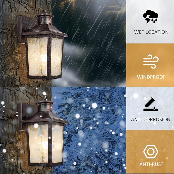 Oil Rubbed Bronze Motion Sensor Outdoor Lights 2 Packs - Waterproof Dusk to Dawn Outdoor Lighting, Brown Exterior Garage Light Fixture, Porch Light Outside Wall Mount for House, Front Door, Anti-Rust