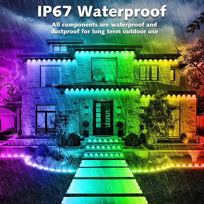 300FT Permanent Outdoor RGB Lights,IP67 Waterproof Smart LED Eaves Lights with App/Remote Control,for Christmas and All Holiday Decor,Daily and Accent Lighting,House Roof and Garden Lighting