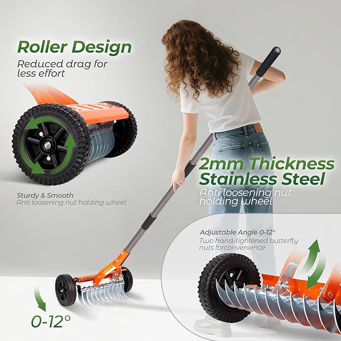 Walensee Dethatching Roller Rake with 76.8'' Adjustable Handle, 2mm Stainless Steel Blades, Heavy Duty Lawn Thatch Remover for Moss, Grass Clippings, Leaves & Debris – Ideal for Yard & Garden Cleanup