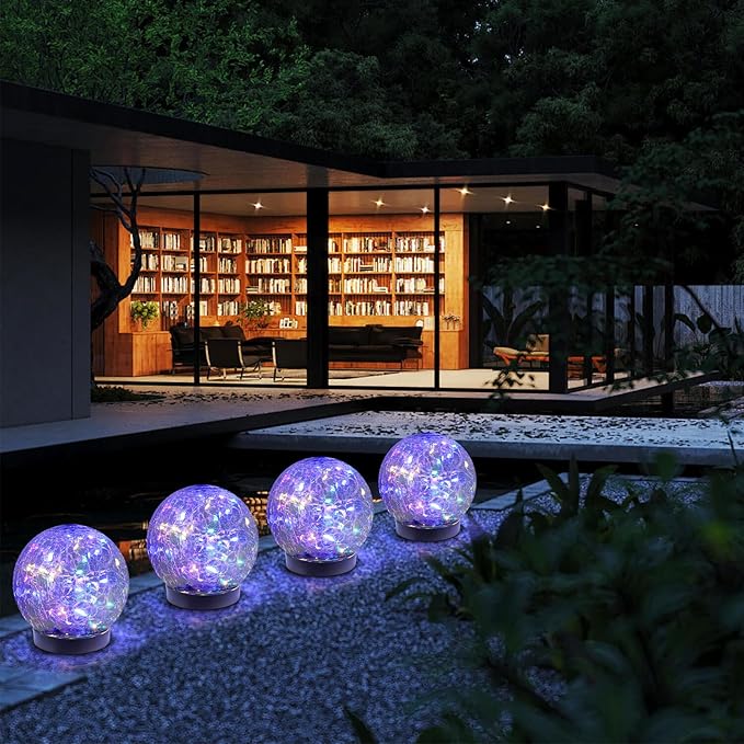 Solar Globe Lights Outdoor Waterproof-Solar Balls-Solar Garden Lights-Solar Orbs for Outside 4 Pack Cracked Glass Ball for Lawn Patio Yard Backyard Decorations, DS-XBQ-1-1-1