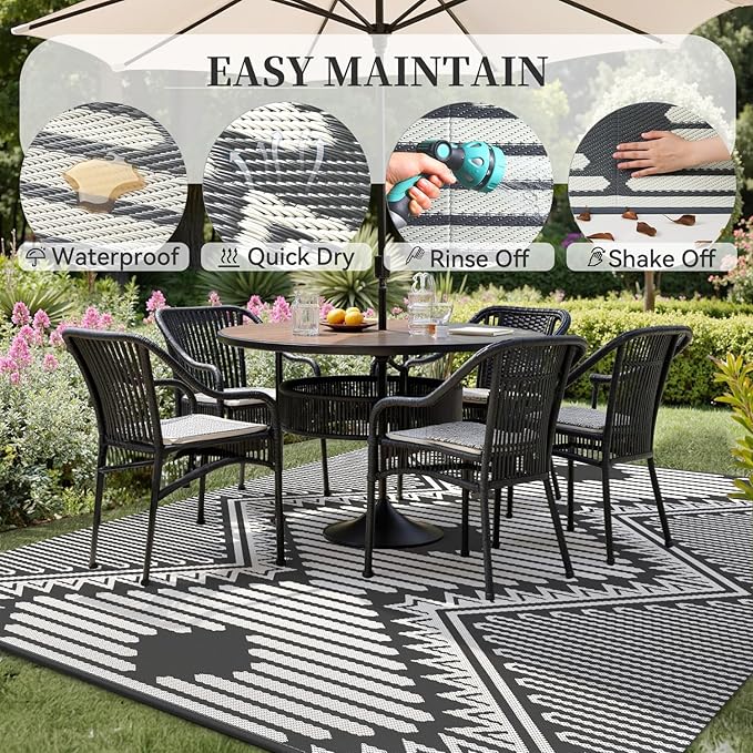 MontVoo Outdoor Rug-Waterproof Camping Rug Patio Rug Mat 6x9 Reversible Plastic Straw Outside Outdoor Rug for RV Camping Picnic Beach Balcony Backyard Pool Deck Porch Modern Boho Grey
