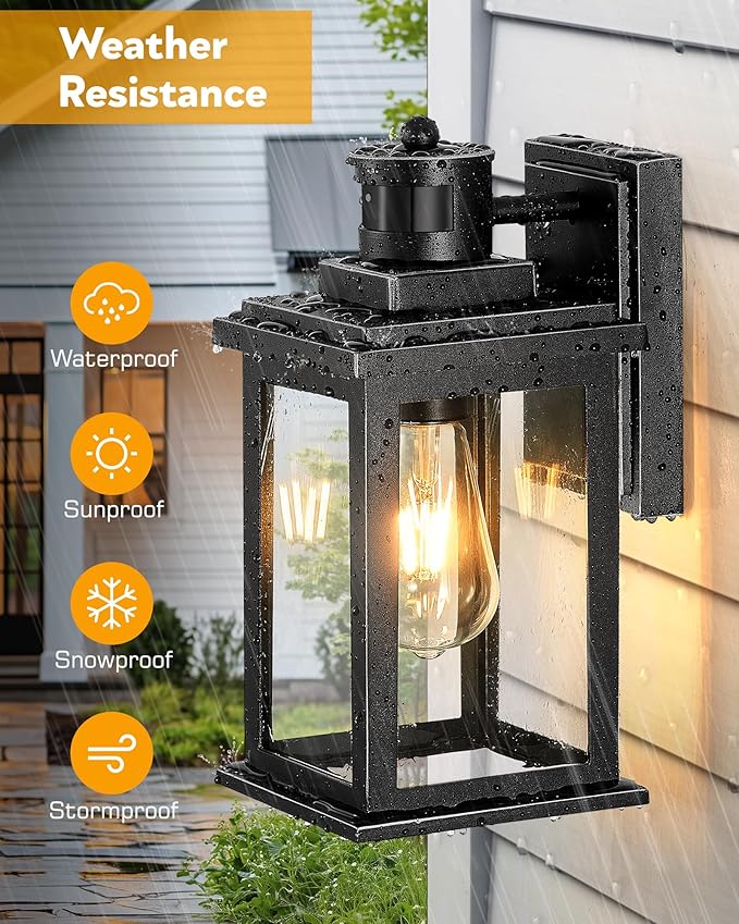 VIANIS Motion Sensor Outdoor Light, 2 Packs Exterior Lights for House, Black Waterproof Dusk to Dawn Outside Porch Lights Lantern for Garage Patio Doorway,Distance Adjustable(Hardwired, not Solar)