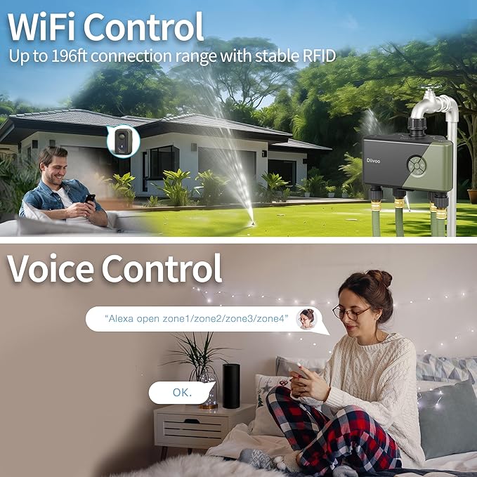 Diivoo WiFi Water Timer 4 Outlets, Smart Sprinkler/Hose/Tap Timer Compatible with Alexa & 24 Irrigation Plans & Rain Delay, Garden Watering Systems Controller with 2 Watering Modes for Lawn Yard
