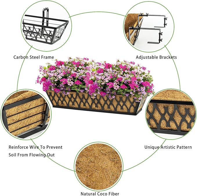 4 Pack 24 Inch Window Boxes Planters for Outdoor Plants Railing Planter Box with Adjustable Brackets for Windowsill Porch Fence Patio Hanging Flower Coco Baskets for Outside Decoration - Black