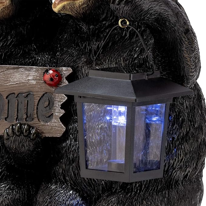 Alpine Corporation 15" Tall Outdoor Bear Couple with Lantern and Welcome Sign Statue with Solar LED Light Yard Art Decoration