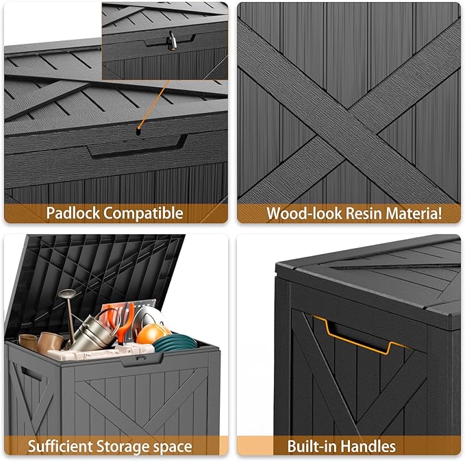 32 Gallon Outdoor Deck Box,Storage Lockable Waterproof Patio Furniture,Garden Tools,Cushions,Pool Accessories Outside Storage Resin Box(Blackn)