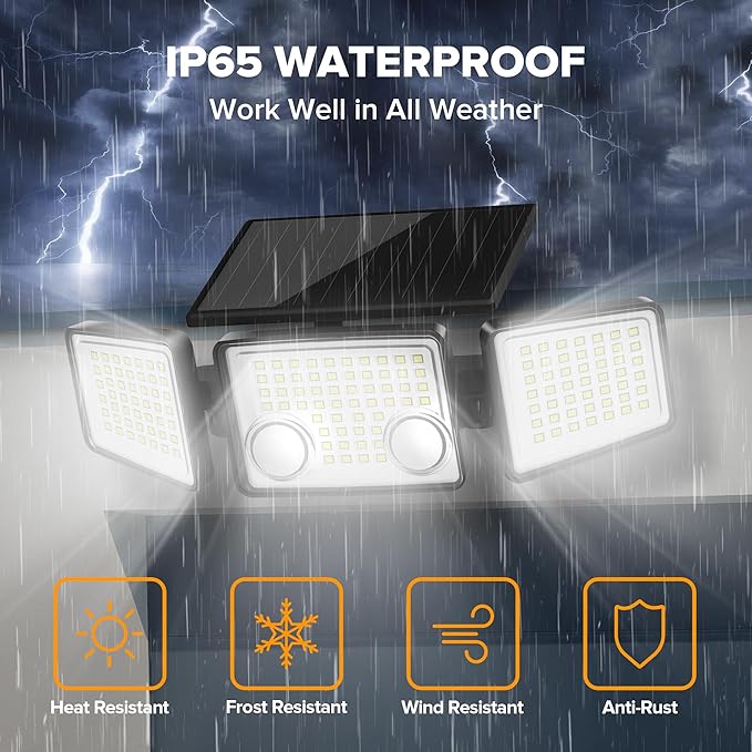 UME Solar Outdoor Lights 3000 Lumen 7000K, 152 LED Super Bright Motion Sensor Outdoor Light with 2 Sensors, IP65 Waterproof 270 Wide Angle Solar Flood Light with 3 Modes for Garden - 2 Pack