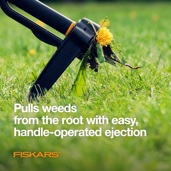 Fiskars 4-Claw Stand Up Weed Puller Tool, Gardening Hand Weeding Tool with 39" Long Ergonomic Handle with Easy-Eject Mechanism