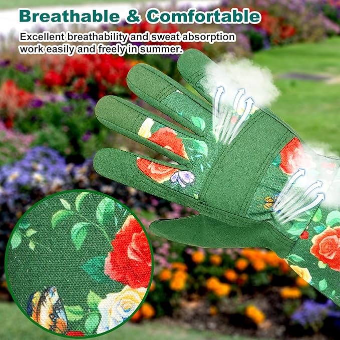 DLY Gardening Gloves,Leather Rose Gloves,Women's Long Gardening Glove for Work and Yard Work,Durable and Comfortable(Medium, Green