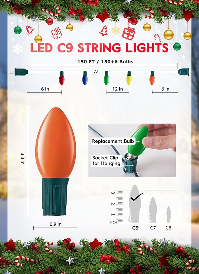 C9 LED Christmas Lights Outdoor, 150 Feet C9 String Lights with 150 Shatterproof Matte Bulbs, Connectable Waterproof Christmas Tree Lights for Holiday Roofline Backyard Garden Decor, Multicolor