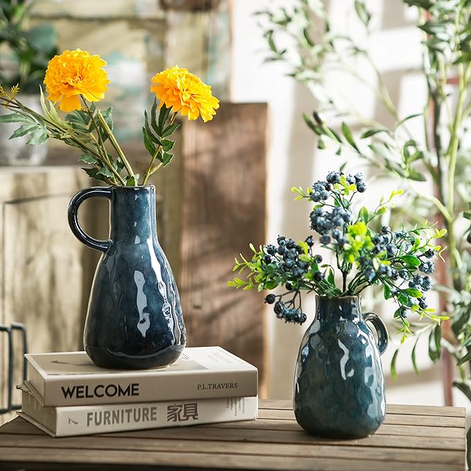 Ceramic Vase Set of 2, Blue Glazed Small Pottery Vases with Handles, Decorative Clay Vase Modern Farmhouse Decor, Centerpiece Dining Table Decorations Porcelain