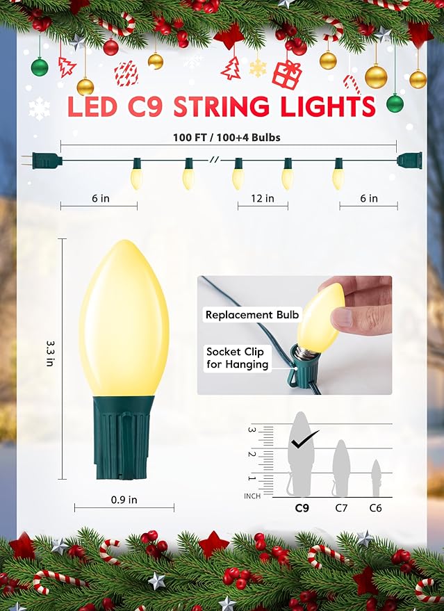 C9 LED Christmas Lights Outdoor, 100 Feet C9 String Lights with 100 Shatterproof Matte Bulbs, Connectable Waterproof Christmas Tree Lights for Holiday Roofline Backyard Garden Decor, Warm White