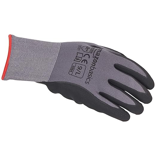 Amazon Basics Micro-Foam Nitrile Coated Work Gloves, Nylon Liner Fiber, Touch Screen, Grey, Size 9/L, 12 Pairs