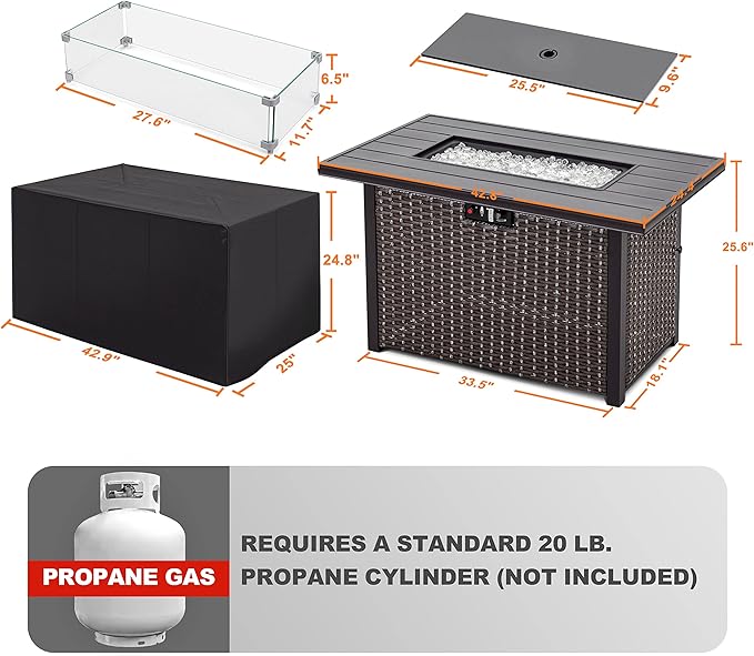 Nuu Garden Outdoor 43 Inch 50,000 BTU Propane Fire Pit Table, CSA Certified Patio Propane Fire Pit with Wind Guard, Lid, Oxford Cover, 7 lbs Glass Stone, Dark Brown