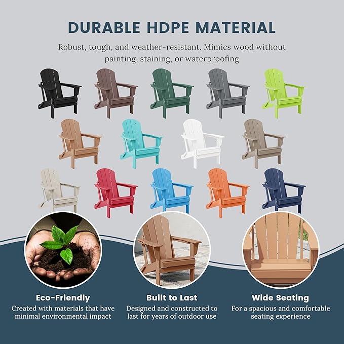 Westin Outdoors Laguna WO Outdoor Adirondack Folding Patio Chairs 8 PCS Set Retro Beach Aesthetic for Backyard, Lawn, Patio, Deck, Garden, Weather Resistant Polyethylene Plastic Lounger (Teak)