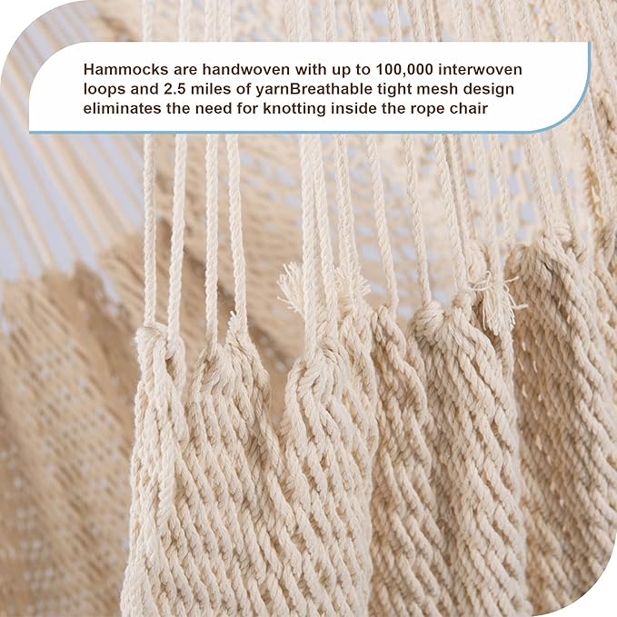 Lazy Daze Hammocks Chair Caribbean Hanging Rope Weaving Chair with 40" Hardwood Spreader Bar and Soft-Spun Cotton Rope for Indoor/Outdoor Backyard & Living Room, Max 300 LBS, Natural