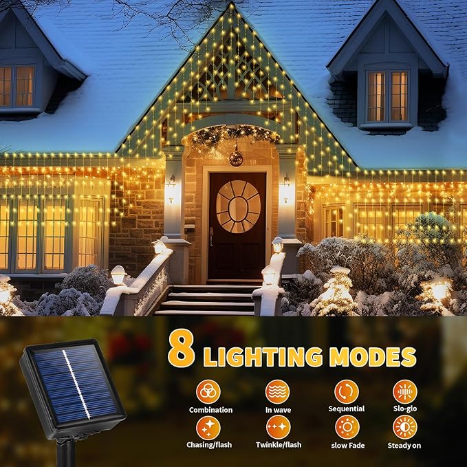 32.8 * 3.28FT Large Size Solar Curtain Lights Outdoor, 8 Modes Icicle Lights, Garden Christmas Decortions for Patio, Gazebo, Eaves, Fence, Tree, Porch (Warm White)