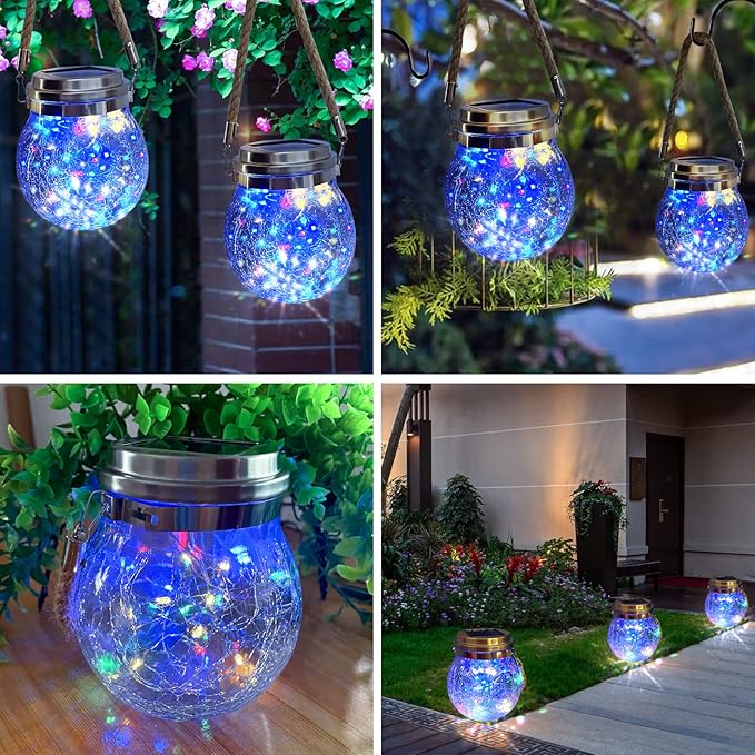 Hanging Outdoor Solar Lights, 2 Pack 30LED Lanterns Decorative Outdoor Lights,Solar Powered Waterproof Landscape Lights with Handle for Tree Yard Garden Patio Fence Holiday Decor(Multicolor)