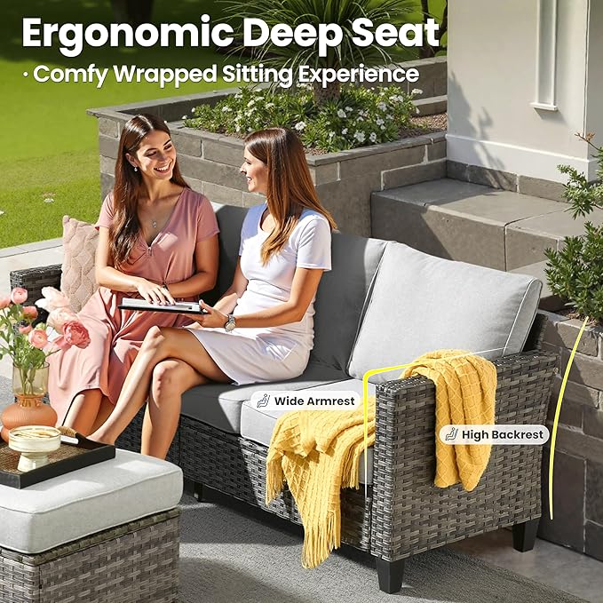 ovios 7 Pieces Patio Furniture Set with 42" Fire Pit Table, Outdoor Wicker Sofa with Swivel Chairs, All Weather High Back Rattan Couch Conversation Set, Grey
