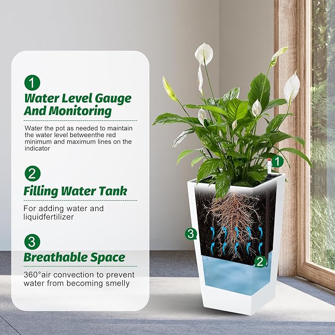 16" Tall Planters Set of 2, Outdoor＆Indoor Black Planter Pots, High Front Porch Planter Pots with Drainage Holes＆Water Level Monitor＆Inner Bucket, Automatic Watering,White